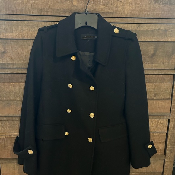 Zara black Pea coat with gold hardware- size Medium- worn once - Picture 3 of 10
